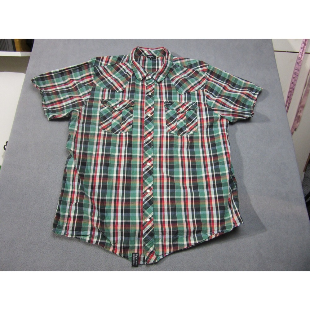 LRG Button Up Mens 3XL Green Excellent Plaid Western Pearl Snap Short Sleeve